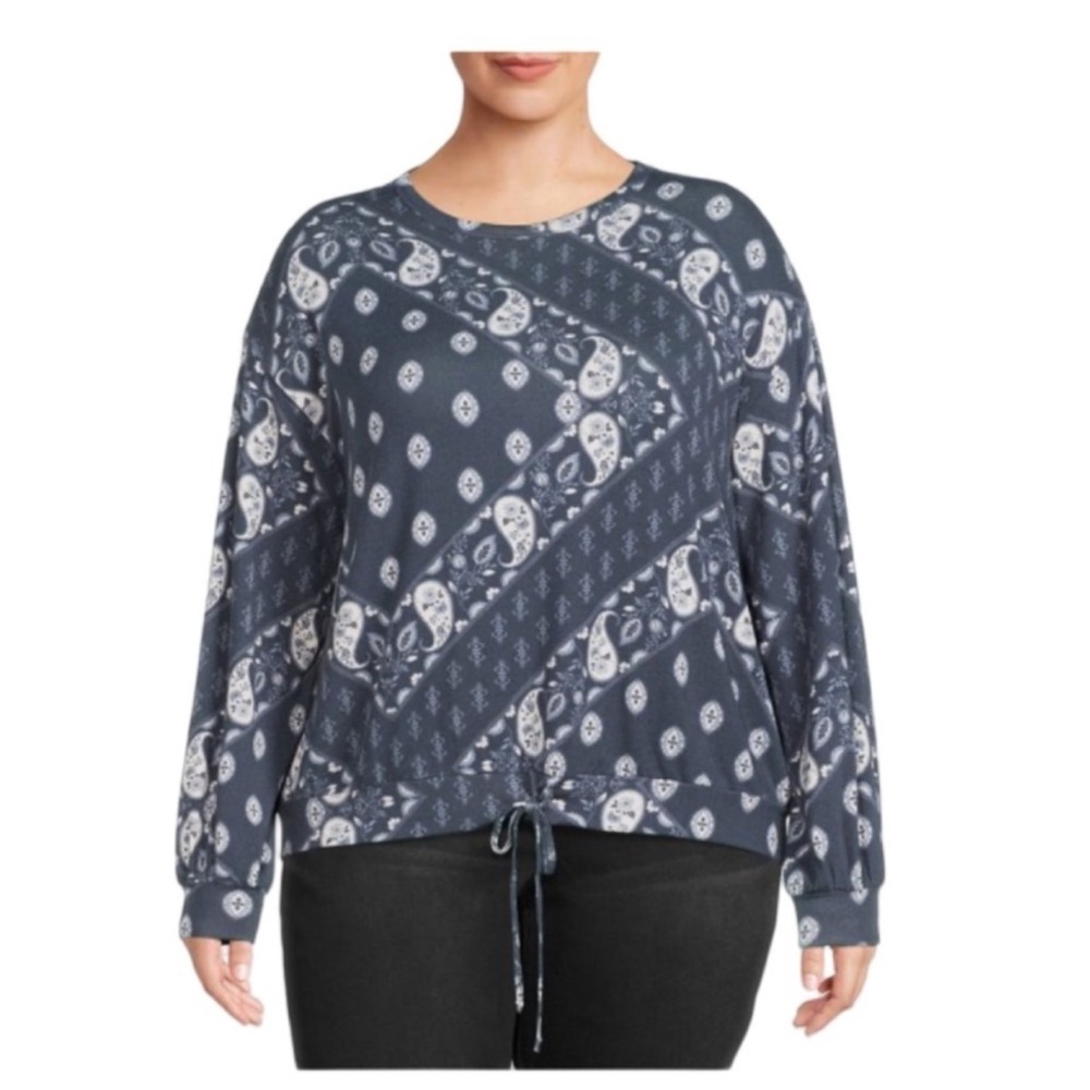 Como Blu Long Sleeve Boho Paisley Bandana Print Pullover Soft Top NWT Size 1X